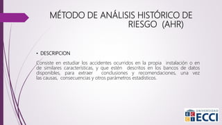 • DESCRIPCION
Consiste en estudiar los accidentes ocurridos en la propia instalación o en
de similares características, y que estén descritos en los bancos de datos
disponibles, para extraer conclusiones y recomendaciones, una vez
las causas, consecuencias y otros parámetros estadísticos.
MÉTODO DE ANÁLISIS HISTÓRICO DE
RIESGO (AHR)
 