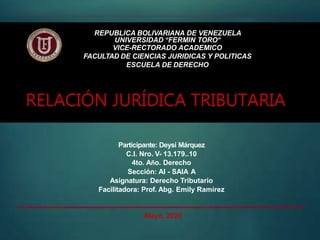 REPUBLICA BOLIVARIANA DE VENEZUELA
UNIVERSIDAD “FERMIN TORO”
VICE-RECTORADO ACADEMICO
FACULTAD DE CIENCIAS JURIDICAS Y POLITICAS
ESCUELA DE DERECHO
Participante: Deysi Márquez
C.I. Nro. V- 13.179..10
4to. Año. Derecho
Sección: AI - SAIA A
Asignatura: Derecho Tributario
Facilitadora: Prof. Abg. Emily Ramírez
Mayo, 2020
RELACIÓN JURÍDICA TRIBUTARIA
 