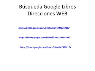 https://books.google.com/books?isbn=8449319552
https://books.google.com/books?isbn=1597543632
https://books.google.com/books?isbn=847978217X
Búsqueda Google Libros
Direcciones WEB
 