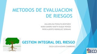 METODOS DE EVALUACION
DE RIESGOS
ANA ADELINA PONGUTA MONTAÑEZ
MARIA SANDRA YANETH DUQUE POVEDA
PIERO ALBERTO RODRIGUEZ SERRANO
GESTION INTEGRAL DEL RIESGO
OLGA LUCIA ALDANA ZAMBRANO
 