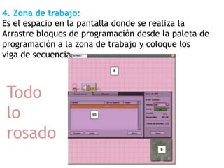 4. Zona de trabajo:
Es el espacio en la pantalla donde se realiza la
Arrastre bloques de programación desde la paleta de
programación a la zona de trabajo y coloque los
viga de secuencia
Todo
lo
rosado
 