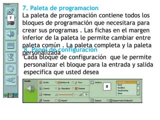 7. Paleta de programacion
La paleta de programación contiene todos los
bloques de programación que necesitara para
crear sus programas . Las fichas en el margen
inferior de la paleta le permite cambiar entre
paleta común . La paleta completa y la paleta
personalizada8. Panel de configuración
Cada bloque de configuración que le permite
personalizar el bloque para la entrada y salida
especifica que usted desea
 