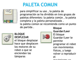PALETA COMUN
para simplificar su uso , la paleta de
programación se ha dividido en tres grupos de
paletas diferentes: la paleta común , la paleta
completa y la paleta personalizada .
la paleta común se recomienda como un punto
de partida .
BLOQUE
DESPLEZAR
el bloque desplazar
hace que desplacen
los motores de su
robot o que se
enciendan las
lámparas
Bloque
Guardar/Leer
El bloque
Guardar/Leer le
permite
programar el robot
con movimientos
físicos, y luego
volver a reproducir
el
 