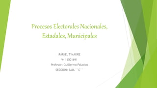 Procesos Electorales Nacionales,
Estadales, Municipales
RAFAEL TIMAURE
V- 16501691
Profesor: Guillermo Palacios
SECCION: SAIA ´´C´´
 