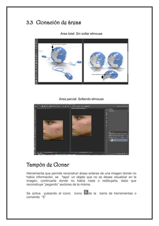 3.3 Clonación de áreas 
Area total: Sin soltar elmouse 
Area parcial: Soltando elmouse 
Tampón de Clonar 
Herramienta que permite reconstruir áreas enteras de una imagen donde no había información, se “tapa” un objeto que no se desee visualizar en la imagen, continuarla donde no había nada o redibujarla, dado que reconstruye “pegando” sectores de la misma. 
Se activa pulsando el icono ícono de la barra de herramientas o comando “S” 
 