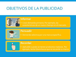 OBJETIVOS DE LA PUBLICIDAD
Informar
• Crear demanda primaria. Por ejemplo, las
características de un nuevo champú en el mercado.
Persuadir
• Demanda selectiva por una marca específica.
Recordar:
• Aplicable cuando se tienen productos maduros. Por
ejemplo, leche Gloria busca que se recuerde su marca.