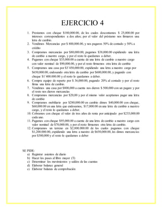 EJERCICIO 4
1. Prestamos con cheque $180,000.00, de los cuales descontamos $ 25,000.00 por
intereses correspondientes a dos años; por el valor del préstamo nos firmaron una
letra de cambio.
2. Vendimos Mercancías por $ 800,000.00, y nos pagaron 50% de contado y 50% a
crédito
3. Compramos mercancías por $80,000.00, pagamos $38,000.00 expidiendo una letra
de cambio a nuestro cargo, y por el resto lo quedamos a deber.
4. Pagamos con cheque $35,000.00 a cuenta de una letra de cambio a nuestro cargo
con valor nominal de $90,000.00, y por el resto firmamos otra letra de cambio
5. Compramos una casa por $3´450,000.00, expidiendo una letra a nuestro cargo por
$650,000.00, endosando otra letra de cambio por $600,000.00, y pagando con
cheque $1´400.000.00 y el resto lo quedamos a deber.
6. Compra equipo de reparto por $ 36,000.00, pagando 20% al contado y por el resto
firma una letra de cambio.
7. Vendimos una casa por $800,000 a cuenta nos dieron $ 500,000 con un pagare y por
el resto nos dieron mercancías
8. Compramos mercancías por $20,00 y por el mismo valor aceptamos pagar una letra
de cambio
9. Compramos mobiliario por $280,000.00 en cambio dimos $40,000.00 con cheque,
$60,000.00 en una letra que endosamos, $17,000.00 en una letra de cambio a nuestro
cargo, y el resto lo quedamos a deber.
10. Cobramos con cheque el valor de tres años de renta por anticipado por $235,000.00
cada uno.
11. Pagamos con cheque $95,000.00 a cuenta de una letra de cambio a nuestro cargo con
valor nominal de $70,000.00, y por el resto firmamos otra letra de cambio.
12. Compramos un terreno en $2,800.000.00 de los cuales pagamos con cheque
$1,200.000.00, expidiendo una letra a nuestro de $650,000.00, les dimos mercancías
por $380,000 y el resto lo quedamos a deber
SE PIDE:
a) Registrar asientos de diario
b) Hacer los pases al libro mayor (T)
c) Determinar los movimientos y saldos de las cuentas
d) Elaborar balance general
e) Elaborar balanza de comprobación
 