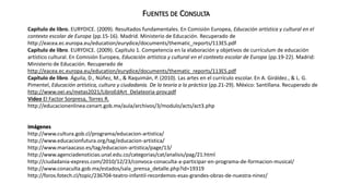 FUENTES DE CONSULTA 
Capítulo de libro. EURYDICE. (2009). Resultados fundamentales. En Comisión Europea, Educación artística y cultural en el 
contexto escolar de Europa (pp.15-16). Madrid. Ministerio de Educación. Recuperado de 
http://eacea.ec.europa.eu/education/eurydice/documents/thematic_reports/113ES.pdf 
Capítulo de libro. EURYDICE. (2009). Capítulo 1. Competencia en la elaboración y objetivos de currículum de educación 
artístico cultural. En Comisión Europea, Educación artística y cultural en el contexto escolar de Europa (pp.19-22). Madrid: 
Ministerio de Educación. Recuperado de 
http://eacea.ec.europa.eu/education/eurydice/documents/thematic_reports/113ES.pdf 
Capítulo de libro. Águila, D., Núñez, M., & Raquimán, P. (2010). Las artes en el currículo escolar. En A. Giráldez., & L. G. 
Pimentel, Educación artística, cultura y ciudadanía. De la teoría a la práctica (pp.21-29). México: Santillana. Recuperado de 
http://www.oei.es/metas2021/LibroEdArt_Delateoria-prov.pdf 
Video El Factor Sorpresa, Torres R. 
http://educacionenlinea.cenart.gob.mx/aula/archivos/3/modulo/acts/act3.php 
Imágenes 
http://www.cultura.gob.cl/programa/educacion-artistica/ 
http://www.educacionfutura.org/tag/educacion-artistica/ 
http://www.mariaacaso.es/tag/educacion-artistica/page/13/ 
http://www.agenciadenoticias.unal.edu.co/categorias/cat/analisis/pag/21.html 
http://ciudadania-express.com/2010/12/23/convoca-conaculta-a-participar-en-programa-de-formacion-musical/ 
http://www.conaculta.gob.mx/estados/sala_prensa_detalle.php?id=19319 
http://foros.fotech.cl/topic/236704-teatro-infantil-recordemos-esas-grandes-obras-de-nuestra-ninez/ 

