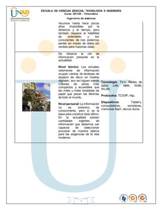 ESCUELA DE CIENCIAS BÁSICAS, TECNOLOGÍA E INGENIERÍA
Curso 301120 - Telemática
Ingeniería de sistemas
7
recursos hasta hace pocos
años imposibles por la
distancia y el tiempo; pero
también requiere la habilidad
de entenderlo y ser
conscientes de nos podemos
perder en mares de datos sin
sentido para nuestras vidas.
Se observa la ctd de
información presente en la
actualidad.
Nivel técnico: Los actuales
volúmenes de información
ocupan cientos de terabyes de
espacio de disco en medios
digitales; aun así siguen siendo
millones de veces más
compactos y accesibles que
las miles y miles toneladas de
papel que pesan las librerías
de todo el mundo.
Nivel personal: La información
no es sinónimo de
conocimiento, pero si es la
base para construir éste último.
En la actualidad existen
cantidades ingentes de
información que debemos ser
capaces de seleccionar
procesar de manera óptima
para las exigencias de la vida
moderna.
Tecnología: Tic’s. Redes de
datos LAN, MAN, WAN,
WLAN.
Protocolos: TCO/IP, http.
Dispositivos: Tablet’s,
computadoras, servidores,
memorias flash, discos duros.
 