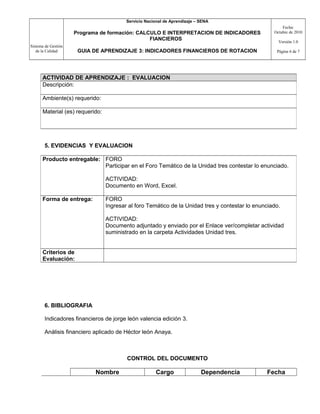 Sistema de Gestión
de la Calidad
Servicio Nacional de Aprendizaje – SENA
Programa de formación: CALCULO E INTERPRETACION DE INDICADORES
FIANCIEROS
GUIA DE APRENDIZAJE 3: INDICADORES FINANCIEROS DE ROTACION
Fecha:
Octubre de 2010
Versión 1.0
Página 6 de 7
5. EVIDENCIAS Y EVALUACION
6. BIBLIOGRAFIA
Indicadores financieros de jorge león valencia edición 3.
Análisis financiero aplicado de Héctor león Anaya.
CONTROL DEL DOCUMENTO
Nombre Cargo Dependencia Fecha
ACTIVIDAD DE APRENDIZAJE : EVALUACION
Descripción:
Ambiente(s) requerido:
Material (es) requerido:
Producto entregable: FORO
Participar en el Foro Temático de la Unidad tres contestar lo enunciado.
ACTIVIDAD:
Documento en Word, Excel.
Forma de entrega: FORO
Ingresar al foro Temático de la Unidad tres y contestar lo enunciado.
ACTIVIDAD:
Documento adjuntado y enviado por el Enlace ver/completar actividad
suministrado en la carpeta Actividades Unidad tres.
Criterios de
Evaluación:
 