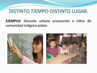 DISTINTO TIEMPO-DISTINTO LUGAR.EJEMPLO: Docente urbano ensenando a niños de comunidad indígena pobre.