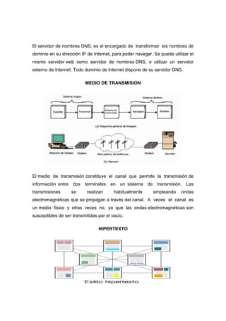 El servidor de nombres DNS, es el encargado de transformar los nombres de
dominio en su dirección IP de Internet, para poder navegar. Se puede utilizar el
mismo servidor web como servidor de nombres DNS, o utilizar un servidor
externo de Internet. Todo dominio de Internet dispone de su servidor DNS.

                          MEDIO DE TRANSMISION




El medio de transmisión constituye el canal que permite la transmisión de
información entre dos terminales en un sistema de transmisión. Las
transmisiones      se      realizan      habitualmente      empleando    ondas
electromagnéticas que se propagan a través del canal. A veces el canal es
un medio físico y otras veces no, ya que las ondas electromagnéticas son
susceptibles de ser transmitidas por el vacío.

                                 HIPERTEXTO
 
