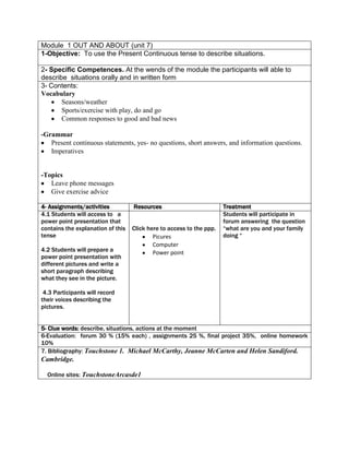 Module 1 OUT AND ABOUT (unit 7)
1-Objective: To use the Present Continuous tense to describe situations.

2- Specific Competences. At the wends of the module the participants will able to
describe situations orally and in written form
3- Contents:
Vocabulary
       Seasons/weather
       Sports/exercise with play, do and go
       Common responses to good and bad news

-Grammar
   Present continuous statements, yes- no questions, short answers, and information questions.
   Imperatives


-Topics
   Leave phone messages
   Give exercise advice

4- Assignments/activities          Resources                          Treatment
4.1 Students will access to a                                         Students will participate in
power point presentation that                                         forum answering the question
contains the explanation of this   Click here to access to the ppp.   “what are you and your family
tense                                      Picures                    doing “
                                           Computer
4.2 Students will prepare a                Power point
power point presentation with
different pictures and write a
short paragraph describing
what they see in the picture.

 4.3 Participants will record
their voices describing the
pictures.


5- Clue words: describe, situations, actions at the moment
6-Evaluation: forum 30 % (15% each) , assignments 25 %, final project 35%, online homework
10%
7. Bibliography: Touchstone 1. Michael McCarthy, Jeanne McCarten and Helen Sandiford.
Cambridge.

  Online sites: TouchstoneArcasde1
 