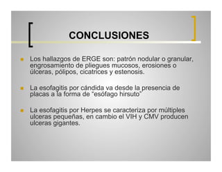 CONCLUSIONES
 

Los hallazgos de ERGE son: patrón nodular o granular,
engrosamiento de pliegues mucosos, erosiones o
úlceras, pólipos, cicatrices y estenosis.

 

La esofagitis por cándida va desde la presencia de
placas a la forma de “esófago hirsuto”

 

La esofagitis por Herpes se caracteriza por múltiples
ulceras pequeñas, en cambio el VIH y CMV producen
ulceras gigantes.

 