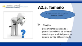 8
A2.a. Tamaño
 Objetivo:
Determinar la capacidad de
producción máxima de bienes o
servicios que tendrá el proyecto
durante su vida útil proyectada.
Es la determinación de la capacidad de
producción a instalar.
 