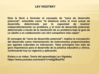 Esto le llevó a formular el concepto de "zona de desarrollo
potencial", entendido como "la distancia entre el nivel actual de
desarrollo, determinado por la capacidad de resolver
independientemente un problema, y el nivel de desarrollo potencial,
determinado a través de la resolución de un problema bajo la guía de
un adulto o en colaboración con otro compañero más capaz".
El concepto de "zona de desarrollo potencial", implica la concepción
del desarrollo como interiorización de instrumentos proporcionados
por agentes culturales en interacción. Tales principios han sido de
gran importancia para el desarrollo de la práctica educativa y clínica,
continuando hoy su vigencia y aplicación.
Enlace a un video: Teoría del aprendizaje Lev Vigotsky
https://www.youtube.com/watch?v=eQg28izzFtU
LEV VIGOTSKY
 