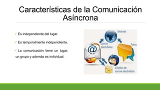 Características de la Comunicación
Asíncrona
 Es independiente del lugar.
 Es temporalmente independiente.
 La comunicación tiene un lugar,
un grupo y además es individual.
 