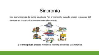 Sincronía
Nos comunicamos de forma sincrónica (en el momento) cuando emisor y receptor del
mensaje en la comunicación operan en el momento.
E-learning dual: proceso mixto de e-learning sincrónico y asincrónico.
 