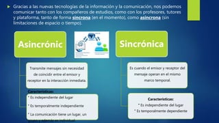  Gracias a las nuevas tecnologías de la información y la comunicación, nos podemos
comunicar tanto con los compañeros de estudios, como con los profesores, tutores
y plataforma, tanto de forma síncrona (en el momento), como asíncrona (sin
limitaciones de espacio o tiempo).
Asincrónic
Transmite mensajes sin necesidad
de coincidir entre el emisor y
receptor en la interacción inmediata.
Características:
° Es independiente del lugar
° Es temporalmente independiente
° La comunicación tiene un lugar, un
grupo y además es individual.
Sincrónica
Es cuando el emisor y receptor del
mensaje operan en el mismo
marco temporal.
Características:
° Es independiente del lugar
° Es temporalmente dependiente
 