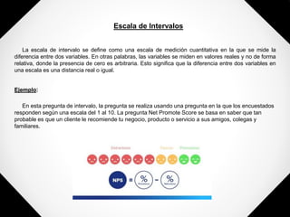 Escala de Intervalos
La escala de intervalo se define como una escala de medición cuantitativa en la que se mide la
diferencia entre dos variables. En otras palabras, las variables se miden en valores reales y no de forma
relativa, donde la presencia de cero es arbitraria. Esto significa que la diferencia entre dos variables en
una escala es una distancia real o igual.
Ejemplo:
En esta pregunta de intervalo, la pregunta se realiza usando una pregunta en la que los encuestados
responden según una escala del 1 al 10. La pregunta Net Promote Score se basa en saber que tan
probable es que un cliente le recomiende tu negocio, producto o servicio a sus amigos, colegas y
familiares.
 