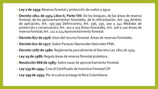 • Ley 2 de 1959: Reserva forestal y protección de suelos y agua.
• Decreto 2811 de 1974 Libro II, Parte VIII: De los bosques, de las áreas de reserva
forestal, de los aprovechamientos forestales, de la reforestación. Art. 194 Ámbito
de aplicación; Art. 195-199 Definiciones; Art. 196, 197, 200 y 241 Medidas de
protección y conservación; Art. 202 a 205 Áreas forestales, Art. 206 a 210 Áreas de
reserva forestal; Art. 211 a 224 Aprovechamiento forestal.
• Decreto 877 de 1976: Usos del recurso forestal. Áreas de reservas forestales.
• Decreto 622 de 1977: Sobre Parques Nacionales Naturales PNN.
• Decreto 2787 de 1980: Reglamenta parcialmente el Decreto Ley 2811 de 1974.
• Ley 29 de 1986: Regula áreas de reserva florestal protetora.
• Resolución 868 de 1983: Sobre tasas de aprovechamiento forestal.
• Ley 139 de 1994: Crea el Certificado de Incentivo Forestal CIF.
• Ley 299 de 1995: Por la cual se protege la flora Colombiana.
 