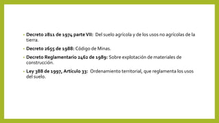 • Decreto 2811 de 1974 parte VII: Del suelo agrícola y de los usos no agrícolas de la
tierra.
• Decreto 2655 de 1988: Código de Minas.
• Decreto Reglamentario 2462 de 1989: Sobre explotación de materiales de
construcción.
• Ley 388 de 1997, Artículo 33: Ordenamiento territorial, que reglamenta los usos
del suelo.
 
