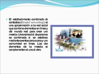 El establecimiento combinado de contactos ( blended networking ) es una aproximación a la red social que combina elementos en línea y del mundo real para crear una mezcla. Una red social de personas es combinada si se establece mediante eventos cara a cara y una comunidad en línea. Los dos elementos de la mezcla se complementan el uno al otro 