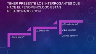 TENER PRESENTE LOS INTERROGANTES QUE
HACE EL FENOMENÓLOGO ESTÁN
RELACIONADOS CON:
¿Cómo ocurre?
¿Cómo lo ve?
¿Cómo lo siente?
¿Qué significa?
¿Nunca por que?
 