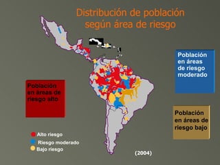 Distribución de población según área de riesgo Población en áreas de riesgo moderado  Riesgo moderado Población en áreas de riesgo alto Alto riesgo Población en áreas de riesgo bajo  Bajo riesgo (2004) 