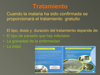 Tratamiento Cuando la malaria ha sido confirmada se proporcionará el tratamiento  gratuito El tipo, dosis y  duración del tratamiento depende de: El tipo de parasito que hay infectado La gravedad de la enfermedad La edad 
