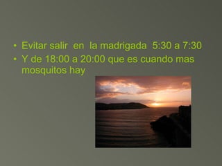 Evitar salir  en  la madrigada  5:30 a 7:30 Y de 18:00 a 20:00 que es cuando mas mosquitos hay 