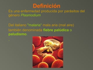 Definición Es una enfermedad producida por parásitos del género   Plasmodium Del italiano   "malaria“   mala aria (mal aire) también denominada   fiebre palúdica  o  paludismo . . 