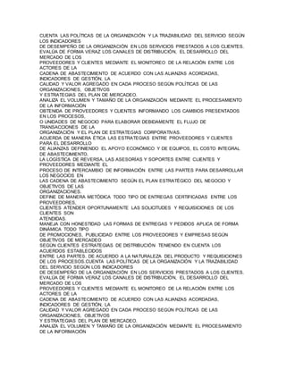 CUENTA LAS POLÍTICAS DE LA ORGANIZACIÓN Y LA TRAZABILIDAD DEL SERVICIO SEGÚN 
LOS INDICADORES 
DE DESEMPEÑO DE LA ORGANIZACIÓN EN LOS SERVICIOS PRESTADOS A LOS CLIENTES. 
EVALÚA DE FORMA VERAZ LOS CANALES DE DISTRIBUCIÓN, EL DESARROLLO DEL 
MERCADO DE LOS 
PROVEEDORES Y CLIENTES MEDIANTE EL MONITOREO DE LA RELACIÓN ENTRE LOS 
ACTORES DE LA 
CADENA DE ABASTECIMIENTO DE ACUERDO CON LAS ALIANZAS ACORDADAS, 
INDICADORES DE GESTIÓN, LA 
CALIDAD Y VALOR AGREGADO EN CADA PROCESO SEGÚN POLÍTICAS DE LAS 
ORGANIZACIONES, OBJETIVOS 
Y ESTRATEGIAS DEL PLAN DE MERCADEO. 
ANALIZA EL VOLUMEN Y TAMAÑO DE LA ORGANIZACIÓN MEDIANTE EL PROCESAMIENTO 
DE LA INFORMACIÓN 
OBTENIDA DE PROVEEDORES Y CLIENTES INFORMANDO LOS CAMBIOS PRESENTADOS 
EN LOS PROCESOS, 
O UNIDADES DE NEGOCIO PARA ELABORAR DEBIDAMENTE EL FLUJO DE 
TRANSACCIONES DE LA 
ORGANIZACIÓN Y EL PLAN DE ESTRATEGIAS CORPORATIVAS. 
ACUERDA DE MANERA ÉTICA LAS ESTRATEGIAS ENTRE PROVEEDORES Y CLIENTES 
PARA EL DESARROLLO 
DE ALIANZAS DEFINIENDO EL APOYO ECONÓMICO Y DE EQUIPOS, EL COSTO INTEGRAL 
DE ABASTECIMIENTO, 
LA LOGÍSTICA DE REVERSA, LAS ASESORÍAS Y SOPORTES ENTRE CLIENTES Y 
PROVEEDORES MEDIANTE EL 
PROCESO DE INTERCAMBIO DE INFORMACIÓN ENTRE LAS PARTES PARA DESARROLLAR 
LOS NEGOCIOS EN 
LAS CADENA DE ABASTECIMIENTO SEGÚN EL PLAN ESTRATÉGICO DEL NEGOCIO Y 
OBJETIVOS DE LAS 
ORGANIZACIONES. 
DEFINE DE MANERA METÓDICA TODO TIPO DE ENTREGAS CERTIFICADAS ENTRE LOS 
PROVEEDORES, 
CLIENTES ATENDER OPORTUNAMENTE LAS SOLICITUDES Y REQUISICIONES DE LOS 
CLIENTES SON 
ATENDIDAS. 
MANEJA CON HONESTIDAD LAS FORMAS DE ENTREGAS Y PEDIDOS APLICA DE FORMA 
DINÁMICA TODO TIPO 
DE PROMOCIONES, PUBLICIDAD ENTRE LOS PROVEEDORES Y EMPRESAS SEGÚN 
OBJETIVOS DE MERCADEO 
SEGÚN CLIENTES ESTRATEGIAS DE DISTRIBUCIÓN TENIENDO EN CUENTA LOS 
ACUERDOS ESTABLECIDOS 
ENTRE LAS PARTES. DE ACUERDO A LA NATURALEZA DEL PRODUCTO Y REQUISICIONES 
DE LOS PROCESOS.CUENTA LAS POLÍTICAS DE LA ORGANIZACIÓN Y LA TRAZABILIDAD 
DEL SERVICIO SEGÚN LOS INDICADORES 
DE DESEMPEÑO DE LA ORGANIZACIÓN EN LOS SERVICIOS PRESTADOS A LOS CLIENTES. 
EVALÚA DE FORMA VERAZ LOS CANALES DE DISTRIBUCIÓN, EL DESARROLLO DEL 
MERCADO DE LOS 
PROVEEDORES Y CLIENTES MEDIANTE EL MONITOREO DE LA RELACIÓN ENTRE LOS 
ACTORES DE LA 
CADENA DE ABASTECIMIENTO DE ACUERDO CON LAS ALIANZAS ACORDADAS, 
INDICADORES DE GESTIÓN, LA 
CALIDAD Y VALOR AGREGADO EN CADA PROCESO SEGÚN POLÍTICAS DE LAS 
ORGANIZACIONES, OBJETIVOS 
Y ESTRATEGIAS DEL PLAN DE MERCADEO. 
ANALIZA EL VOLUMEN Y TAMAÑO DE LA ORGANIZACIÓN MEDIANTE EL PROCESAMIENTO 
DE LA INFORMACIÓN 
 