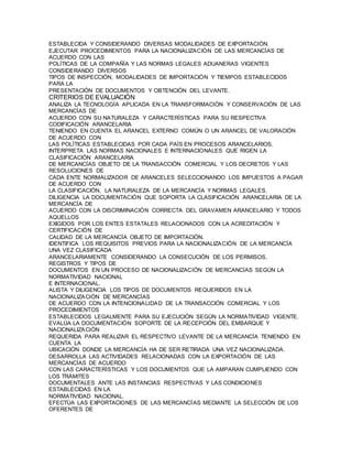 ESTABLECIDA Y CONSIDERANDO DIVERSAS MODALIDADES DE EXPORTACIÓN. 
EJECUTAR PROCEDIMIENTOS PARA LA NACIONALIZACIÓN DE LAS MERCANCÍAS DE 
ACUERDO CON LAS 
POLÍTICAS DE LA COMPAÑÍA Y LAS NORMAS LEGALES ADUANERAS VIGENTES 
CONSIDERANDO DIVERSOS 
TIPOS DE INSPECCIÓN, MODALIDADES DE IMPORTACIÓN Y TIEMPOS ESTABLECIDOS 
PARA LA 
PRESENTACIÓN DE DOCUMENTOS Y OBTENCIÓN DEL LEVANTE. 
CRITERIOS DE EVALUACIÓN 
ANALIZA LA TECNOLOGÍA APLICADA EN LA TRANSFORMACIÓN Y CONSERVACIÓN DE LAS 
MERCANCÍAS DE 
ACUERDO CON SU NATURALEZA Y CARACTERÍSTICAS PARA SU RESPECTIVA 
CODIFICACIÓN ARANCELARIA 
TENIENDO EN CUENTA EL ARANCEL EXTERNO COMÚN O UN ARANCEL DE VALORACIÓN 
DE ACUERDO CON 
LAS POLÍTICAS ESTABLECIDAS POR CADA PAÍS EN PROCESOS ARANCELARIOS. 
INTERPRETA LAS NORMAS NACIONALES E INTERNACIONALES QUE RIGEN LA 
CLASIFICACIÓN ARANCELARIA 
DE MERCANCÍAS OBJETO DE LA TRANSACCIÓN COMERCIAL Y LOS DECRETOS Y LAS 
RESOLUCIONES DE 
CADA ENTE NORMALIZADOR DE ARANCELES SELECCIONANDO LOS IMPUESTOS A PAGAR 
DE ACUERDO CON 
LA CLASIFICACIÓN, LA NATURALEZA DE LA MERCANCÍA Y NORMAS LEGALES. 
DILIGENCIA LA DOCUMENTACIÓN QUE SOPORTA LA CLASIFICACIÓN ARANCELARIA DE LA 
MERCANCÍA DE 
ACUERDO CON LA DISCRIMINACIÓN CORRECTA DEL GRAVAMEN ARANCELARIO Y TODOS 
AQUELLOS 
EXIGIDOS POR LOS ENTES ESTATALES RELACIONADOS CON LA ACREDITACIÓN Y 
CERTIFICACIÓN DE 
CALIDAD DE LA MERCANCÍA OBJETO DE IMPORTACIÓN. 
IDENTIFICA LOS REQUISITOS PREVIOS PARA LA NACIONALIZACIÓN DE LA MERCANCÍA 
UNA VEZ CLASIFICADA 
ARANCELARIAMENTE CONSIDERANDO LA CONSECUCIÓN DE LOS PERMISOS, 
REGISTROS Y TIPOS DE 
DOCUMENTOS EN UN PROCESO DE NACIONALIZACIÓN DE MERCANCÍAS SEGÚN LA 
NORMATIVIDAD NACIONAL 
E INTERNACIONAL. 
ALISTA Y DILIGENCIA LOS TIPOS DE DOCUMENTOS REQUERIDOS EN LA 
NACIONALIZACIÓN DE MERCANCÍAS 
DE ACUERDO CON LA INTENCIONALIDAD DE LA TRANSACCIÓN COMERCIAL Y LOS 
PROCEDIMIENTOS 
ESTABLECIDOS LEGALMENTE PARA SU EJECUCIÓN SEGÚN LA NORMATIVIDAD VIGENTE. 
EVALÚA LA DOCUMENTACIÓN SOPORTE DE LA RECEPCIÓN DEL EMBARQUE Y 
NACIONALIZACIÓN 
REQUERIDA PARA REALIZAR EL RESPECTIVO LEVANTE DE LA MERCANCÍA TENIENDO EN 
CUENTA LA 
UBICACIÓN DONDE LA MERCANCÍA HA DE SER RETIRADA UNA VEZ NACIONALIZADA. 
DESARROLLA LAS ACTIVIDADES RELACIONADAS CON LA EXPORTACIÓN DE LAS 
MERCANCÍAS DE ACUERDO 
CON LAS CARACTERÍSTICAS Y LOS DOCUMENTOS QUE LA AMPARAN CUMPLIENDO CON 
LOS TRÁMITES 
DOCUMENTALES ANTE LAS INSTANCIAS RESPECTIVAS Y LAS CONDICIONES 
ESTABLECIDAS EN LA 
NORMATIVIDAD NACIONAL. 
EFECTÚA LAS EXPORTACIONES DE LAS MERCANCÍAS MEDIANTE LA SELECCIÓN DE LOS 
OFERENTES DE 
 