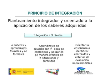 PRINCIPIO DE INTEGRACIÓN
Planteamiento integrador y orientado a la
   aplicación de los saberes adquiridos

                   Integración a 3 niveles


  ≠ saberes y          Aprendizajes en          Orientar la
  aprendizajes     relación con ≠ tipos de     enseñanza a
 formales y no     contenidos y utilizarlos      identificar
    formales        de manera efectiva en      contenidos y
                       ≠ situaciones y          criterios de
                          contextos             evaluación
                                              imprescindibles

                            PROGRAMA PICBA
 