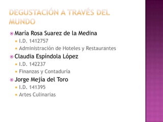 Degustación a través del mundo María Rosa Suarez de la Medina  I.D. 1412757  Administración de Hoteles y Restaurantes Claudia Espíndola López I.D. 142237  Finanzas y Contaduría  Jorge Mejía del Toro  I.D. 141395 Artes Culinarias 