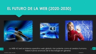 EL FUTURO DE LA WEB (2020-2030)
La WEB 4.0 será el sistema operativo web global y tan potente como el cerebro humano.
Habrá nuevos avances de la tecnología en general.
12/09/2013ALUMNA: Aufieri, Micaela
9
 