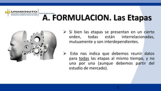 5
A. FORMULACION. Las Etapas
 Si bien las etapas se presentan en un cierto
orden, todas están interrelacionadas,
mutuamente y son interdependientes.
 Esto nos indica que debemos reunir datos
para todas las etapas al mismo tiempo, y no
una por una (aunque debemos partir del
estudio de mercado).
 