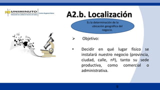 9
A2.b. Localización
Es la determinación de la
ubicación geográfica del
negocio.
 Objetivo:
• Decidir en qué lugar físico se
instalará nuestro negocio (provincia,
ciudad, calle, nº), tanto su sede
productiva, como comercial o
administrativa.
 