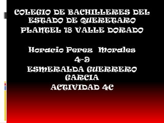 COLEGIO DE BACHILLERES DEL
   ESTADO DE QUERETARO
 PLANTEL 18 VALLE DORADO

  Horacio Perez Morales
            4-9
  ESMERALDA GUERRERO
          GARCIA
      ACTIVIDAD 4C
 