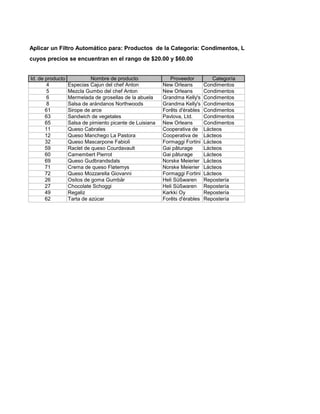 Aplicar un Filtro Automático para: Productos de la Categoría: Condimentos, Lácteos y Repostería
cuyos precios se encuentran en el rango de $20.00 y $60.00


Id. de producto             Nombre de producto               Proveedor          Categoría
        4         Especias Cajun del chef Anton           New Orleans        Condimentos
        5         Mezcla Gumbo del chef Anton             New Orleans        Condimentos
        6         Mermelada de grosellas de la abuela     Grandma Kelly's    Condimentos
        8         Salsa de arándanos Northwoods           Grandma Kelly's    Condimentos
       61         Sirope de arce                          Forêts d'érables   Condimentos
       63         Sandwich de vegetales                   Pavlova, Ltd.      Condimentos
       65         Salsa de pimiento picante de Luisiana   New Orleans        Condimentos
       11         Queso Cabrales                          Cooperativa de     Lácteos
       12         Queso Manchego La Pastora               Cooperativa de     Lácteos
       32         Queso Mascarpone Fabioli                Formaggi Fortini   Lácteos
       59         Raclet de queso Courdavault             Gai pâturage       Lácteos
       60         Camembert Pierrot                       Gai pâturage       Lácteos
       69         Queso Gudbrandsdals                     Norske Meierier    Lácteos
       71         Crema de queso Fløtemys                 Norske Meierier    Lácteos
       72         Queso Mozzarella Giovanni               Formaggi Fortini   Lácteos
       26         Ositos de goma Gumbär                   Heli Süßwaren      Repostería
       27         Chocolate Schoggi                       Heli Süßwaren      Repostería
       49         Regaliz                                 Karkki Oy          Repostería
       62         Tarta de azúcar                         Forêts d'érables   Repostería
 
