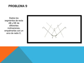 PROBLEMA 9
Dados los
segmentos de recta
AB y DE de
diferentes
inclinaciones,
empalmarlas con un
arco de radio C.
