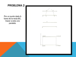 PROBLEMA 2
Por un punto dado A
fuera de la recta BC,
trazar a esta una
paralela.