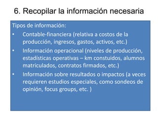 6. Recopilar la información necesaria
Tipos de información:
• Contable-financiera (relativa a costos de la
producción, ingresos, gastos, activos, etc.)
• Información operacional (niveles de producción,
estadísticas operativas – km constuidos, alumnos
matriculados, contratos firmados, etc.)
• Información sobre resultados o impactos (a veces
requieren estudios especiales, como sondeos de
opinión, focus groups, etc. )
 