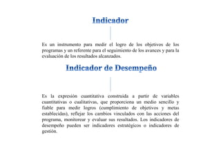 Es un instrumento para medir el logro de los objetivos de los
programas y un referente para el seguimiento de los avances y para la
evaluación de los resultados alcanzados.
Es la expresión cuantitativa construida a partir de variables
cuantitativas o cualitativas, que proporciona un medio sencillo y
fiable para medir logros (cumplimiento de objetivos y metas
establecidas), reflejar los cambios vinculados con las acciones del
programa, monitorear y evaluar sus resultados. Los indicadores de
desempeño pueden ser indicadores estratégicos o indicadores de
gestión.
 