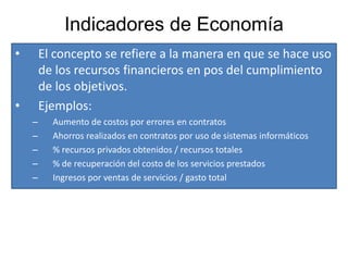 Indicadores de Economía
• El concepto se refiere a la manera en que se hace uso
de los recursos financieros en pos del cumplimiento
de los objetivos.
• Ejemplos:
– Aumento de costos por errores en contratos
– Ahorros realizados en contratos por uso de sistemas informáticos
– % recursos privados obtenidos / recursos totales
– % de recuperación del costo de los servicios prestados
– Ingresos por ventas de servicios / gasto total
 