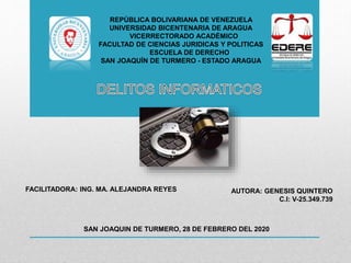REPÚBLICA BOLIVARIANA DE VENEZUELA
UNIVERSIDAD BICENTENARIA DE ARAGUA
VICERRECTORADO ACADÉMICO
FACULTAD DE CIENCIAS JURIDICAS Y POLITICAS
ESCUELA DE DERECHO
SAN JOAQUÍN DE TURMERO - ESTADO ARAGUA
AUTORA: GENESIS QUINTERO
C.I: V-25.349.739
FACILITADORA: ING. MA. ALEJANDRA REYES
SAN JOAQUIN DE TURMERO, 28 DE FEBRERO DEL 2020
 