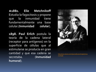 1879-1881. Louis Pasteur. El primer abordaje plenamente científico de problemas inmunológicos se debió, a Louis Pasteur. Estudiando la bacteria responsable del cólera aviar, observó que la inoculación en gallinas de cultivos viejos, poco virulentos, las protegía de contraer la enfermedad cuando posteriormente eran inyectadas con cultivos normales virulentos. http://www.esacademic.com/pictures/eswiki/84/Tableau_Louis_Pasteur.jpg