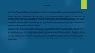 CONCLUSIÓN
No es un secreto que las normas rigen el comportamiento del ser humano, y de este modo, también se pueden aplicar para el medio para la escritura, que en sí,
abarca, una de las fuentes mas importantes de la comunicación social. De echo, a la hora de escribir libremente o hasta escribir un simple mensaje de texto
primeramente se deben acotar una serie de lineamientos que indicaran al escritor la estructura de formación de estos.
Ahora bien cabe destacar que los párrafos ayudan a dividir textos grandes y así, hacen que los lectores comprendan su contenido con mucha mas facilidad. Pero,
para llegar a componer un texto, primero se deben aplicar una serie de reglas o seguimientos que en ciertos casos abordarlos de buena manera puede ser un poco
complicado, así como se expresó anteriormente en este trabajo, por lo tanto, este tipos de normas estructurales, se empiezan a implantar a partir de la educación
primaria y de esta en adelante, para que así, cada individuo pueda familiarizarse, aprender y desarrollar el proceso de creación de un párrafo al igual que el sistema
gramatical que lo compone y de esta manera aplicarlo largo de su vida. Es por esta razón que muchas escuelas, liceos y universidades, implementan el tipo de
materias literarias, para que el estudiante pueda comprender las múltiples funciones y creaciones de los mismo textos, además de aplicar adecuadamente su
reglamento para cada trabajo según las normativas de la institución.
Seguidamente otro punto de alta relevancia que influye en la literatura, es su antes mencionado sistema gramatical o en pocas palabras sería el uso de los signos de
puntuación en un texto. Este es un sistema en el cual las personas están muy acostumbradas a verlo su día a día, aunque este argumento no especifica que
las mismas hagan un buen uso de el, ya que en ciertos casos no se evidencia la coherencia en un determinado texto por su mal uso de signos de puntación por lo
que estos signos se convierten en unos de los puntos mas esenciales para la composición, interpretación y coherencia de un párrafo. En especial si se habla de los
de un proyecto de vital importancia como el trabajo de grado. Este de muchas formas posee una estructura gramatical compleja, para así deliberar su función que
es “investigar” hechos para buscar posibles soluciones al mismo, su composición varía de muchas formas, además en la creación de este trabajo se evidencia
muchas normas para la formación de su estructura, como tipo y tamaño de letra, formas de los gráficos, manera de redacción y uno de los mas importante que
consistiría en la semántica de su redacción etc, que dan vida al trabajo de grado que es utilizado para que un participante exprese los conocimientos de su diversa
área especializada.
 