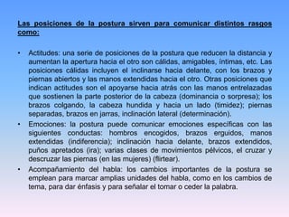 Las posiciones de la postura sirven para comunicar distintos rasgos
como:
• Actitudes: una serie de posiciones de la postura que reducen la distancia y
aumentan la apertura hacia el otro son cálidas, amigables, íntimas, etc. Las
posiciones cálidas incluyen el inclinarse hacia delante, con los brazos y
piernas abiertos y las manos extendidas hacia el otro. Otras posiciones que
indican actitudes son el apoyarse hacia atrás con las manos entrelazadas
que sostienen la parte posterior de la cabeza (dominancia o sorpresa); los
brazos colgando, la cabeza hundida y hacia un lado (timidez); piernas
separadas, brazos en jarras, inclinación lateral (determinación).
• Emociones: la postura puede comunicar emociones específicas con las
siguientes conductas: hombros encogidos, brazos erguidos, manos
extendidas (indiferencia); inclinación hacia delante, brazos extendidos,
puños apretados (ira); varias clases de movimientos pélvicos, el cruzar y
descruzar las piernas (en las mujeres) (flirtear).
• Acompañamiento del habla: los cambios importantes de la postura se
emplean para marcar amplias unidades del habla, como en los cambios de
tema, para dar énfasis y para señalar el tomar o ceder la palabra.
 